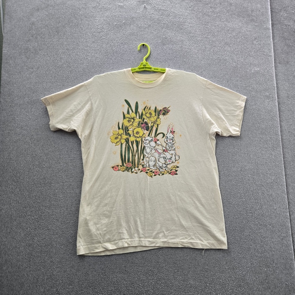 VINTAGE Bunny Garden Men Shirt XL Cream Single Stitch 90s